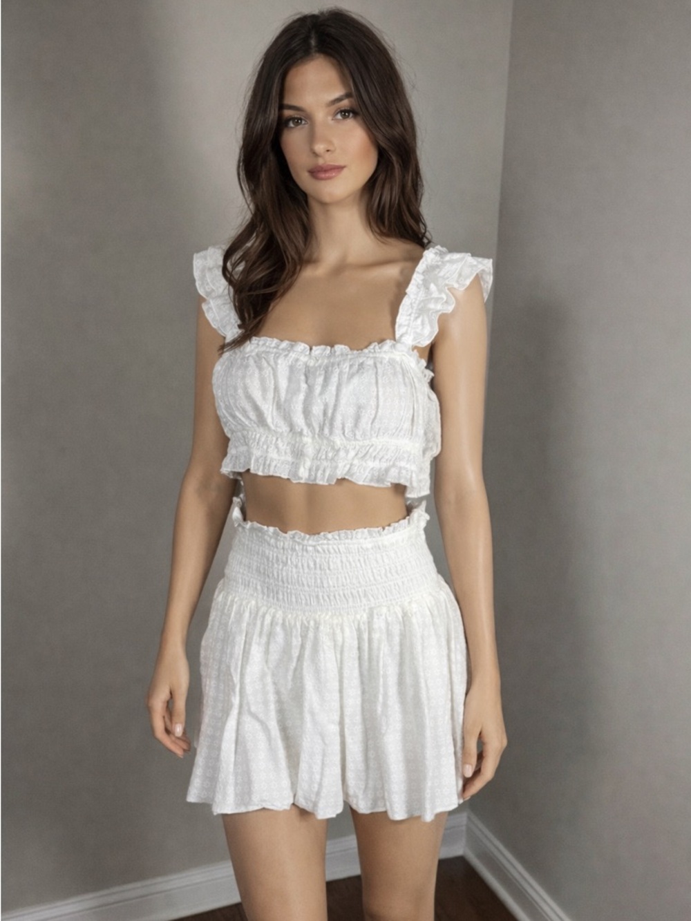 AKIRA White Eyelet Lace 2 Piece Set Ruffle Crop Top Smocked Mini Skirt Sz L NWT